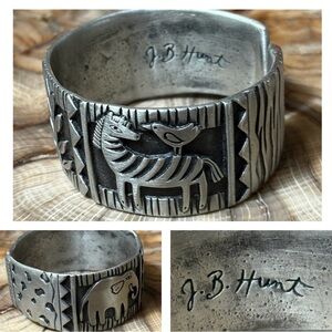 J.B. Hunt Wild Kingdom Pewter Silver Signed Cuff Bracelet